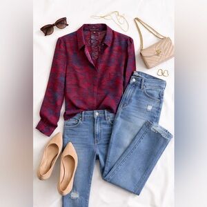 MARCHESA VOYAGE Red Blue Abstract Button Front Shirt Top SZ 4